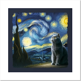 Chartreux Starry Night Inspired - Artistic Cat Posters and Art